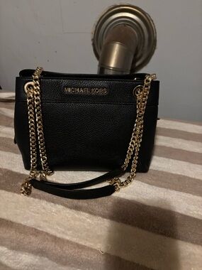 Michael Kors Black Pebbled Leather Shoulder Bag with Gold Chain Straps
